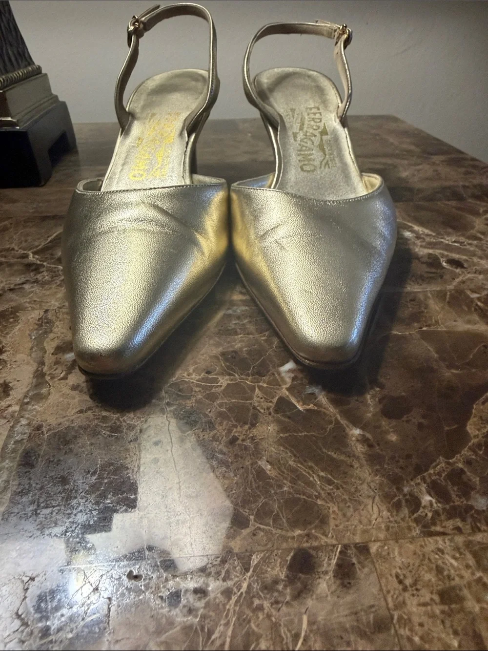 Salvatore Ferragamo Metallic Gold Pointed-Toe Slingback Heels - Picture 3 of 10